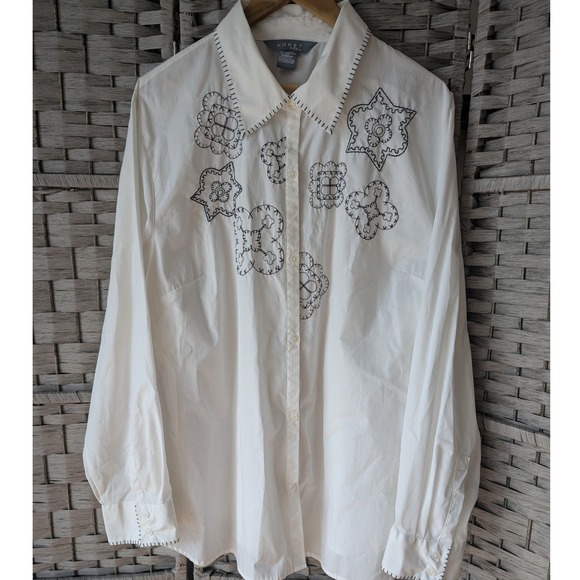 Koret Woman Tops - Vtg White Black Floral Stitch Embroidered Button Up Shirt Womens Sz 3X Scandi